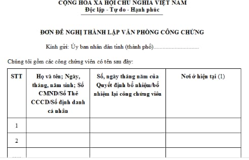 Mẫu đơn đề nghị thành lập văn phòng công chứng