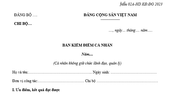 Mẫu 02A-HD KĐ.ĐG 2023 dành cho cá nhân không giữ chức lãnh đạo, quản lý